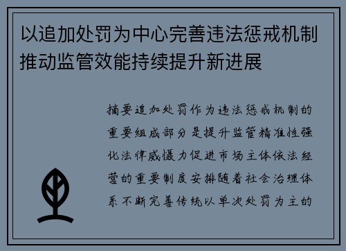 以追加处罚为中心完善违法惩戒机制推动监管效能持续提升新进展 以追加处罚为中心完善违法惩戒机制推动监管效能持续提升新进展